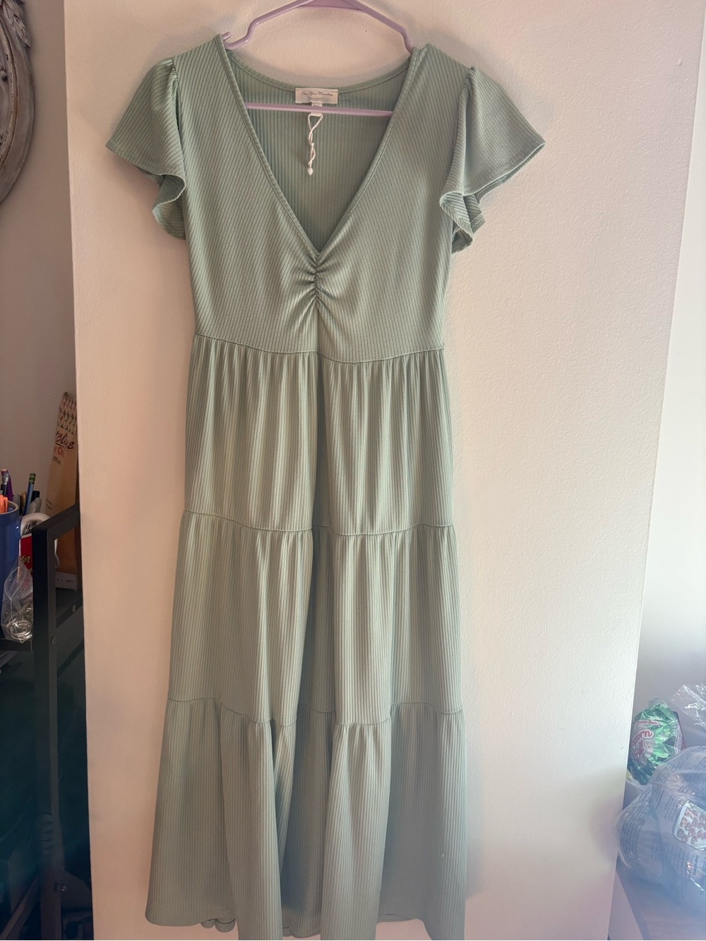 See You Monday Sage Green Tiered V-Neck Midi Dress